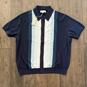 Kith Button Front Knit Polo Sweater Men’s L Navy Blue Striped Short Sleeve